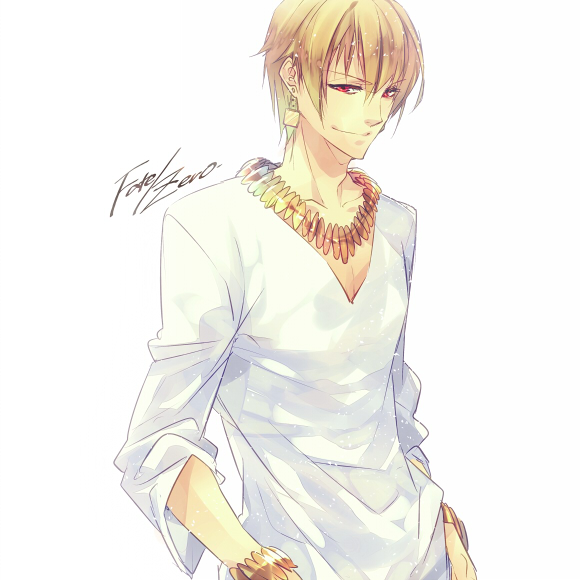 blonde_hair, bracelet, casual, earrings, fate/stay_night, fate/zero, fate_(series), gilgamesh