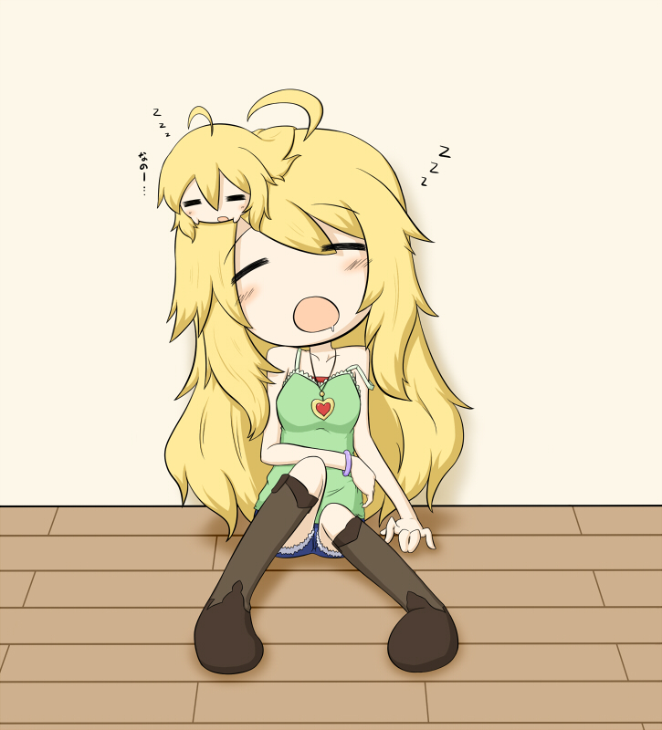 ahoge, blonde_hair, boots, bracelet, chibi, closed_eyes, collarbone, drooling