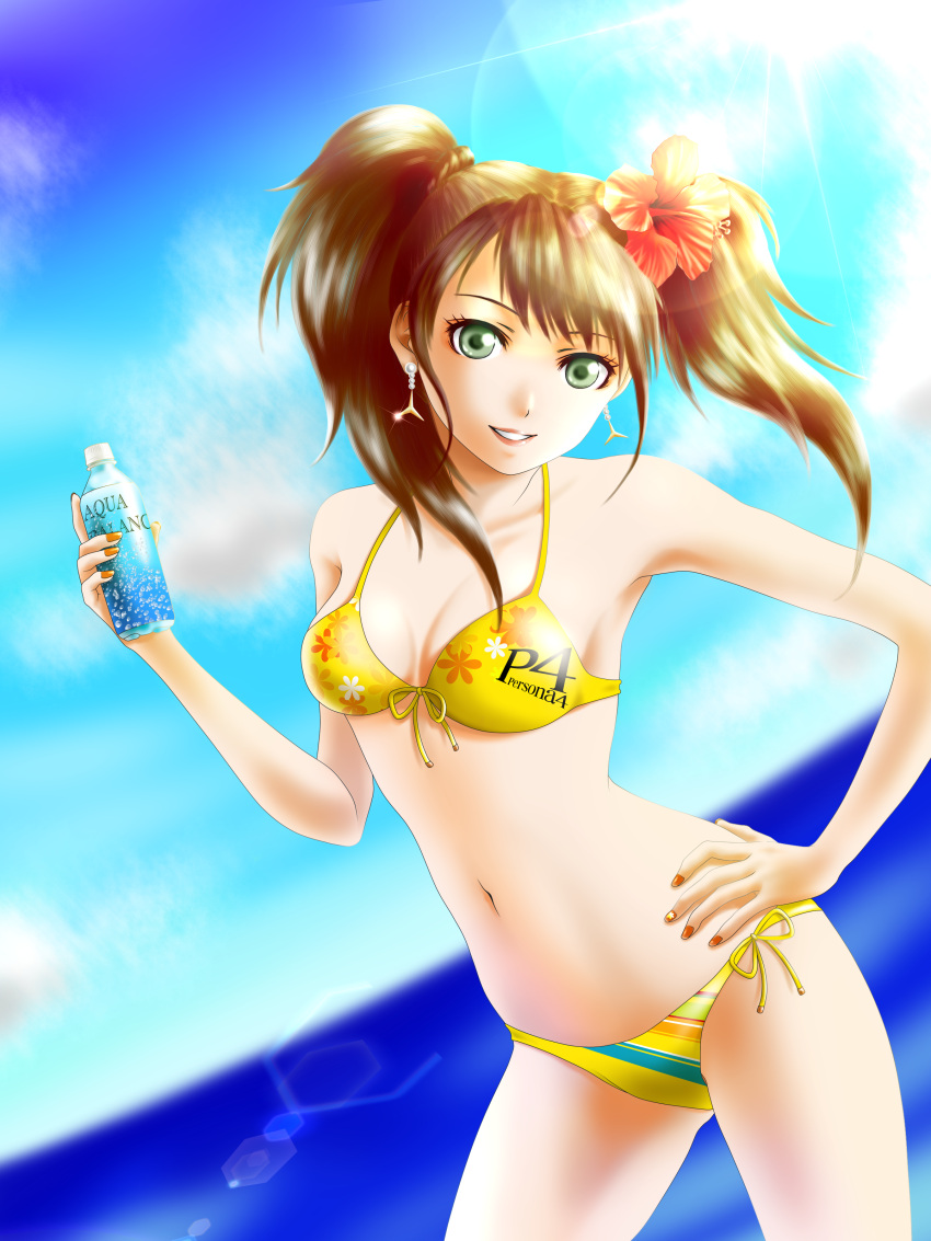 absurdres, bikini, bottle, brown_hair, flower, green_eyes, hibiscus, highres