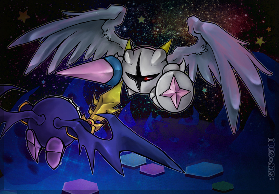 2010, 2boys, armor, bat_wings, galacta_knight, holding_lance, holding_shield, holding_sword