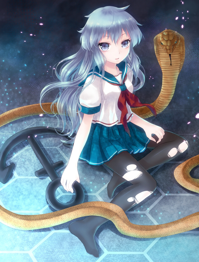 anchor, bad_id, black_legwear, cobra, grey_eyes, hexagon, holding, long_hair