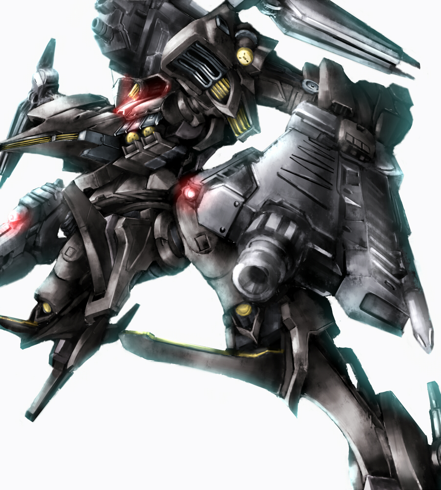 glowing, glowing_eyes, gun, mecha, no_humans, solo, supplice, weapon