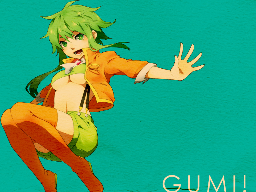 breasts, green_eyes, green_hair, gumi, jacket, matsuda_mattsun, megpoid_(vocaloid3), midriff