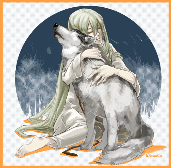 androgynous, barefoot, closed_eyes, darkwinslow, enkidu_(fate/strange_fake), eyes_closed, fate/stay_night, fate/strange_fake, fate_(series), feet, green_hair, hug, long_hair, male, sitting, smile, solo, trap, very_long_hair, wolf