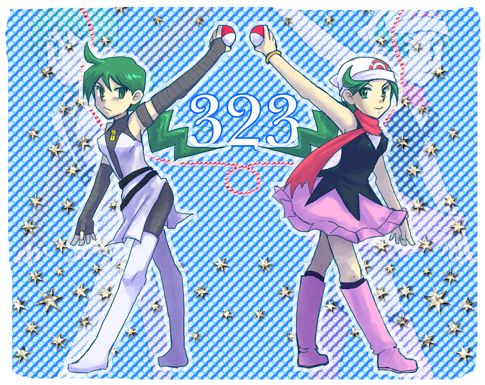artist_request, boots, bracelet, dual_persona, frown, green_eyes, green_hair, jewelry, knee_boots, long_hair, mitsumi_(pokemon), poke_ball, pokemon, pokemon_diamond_&amp;_pearl_adventures, ponytail, scarf, skirt, smile, spoilers, team_galactic
