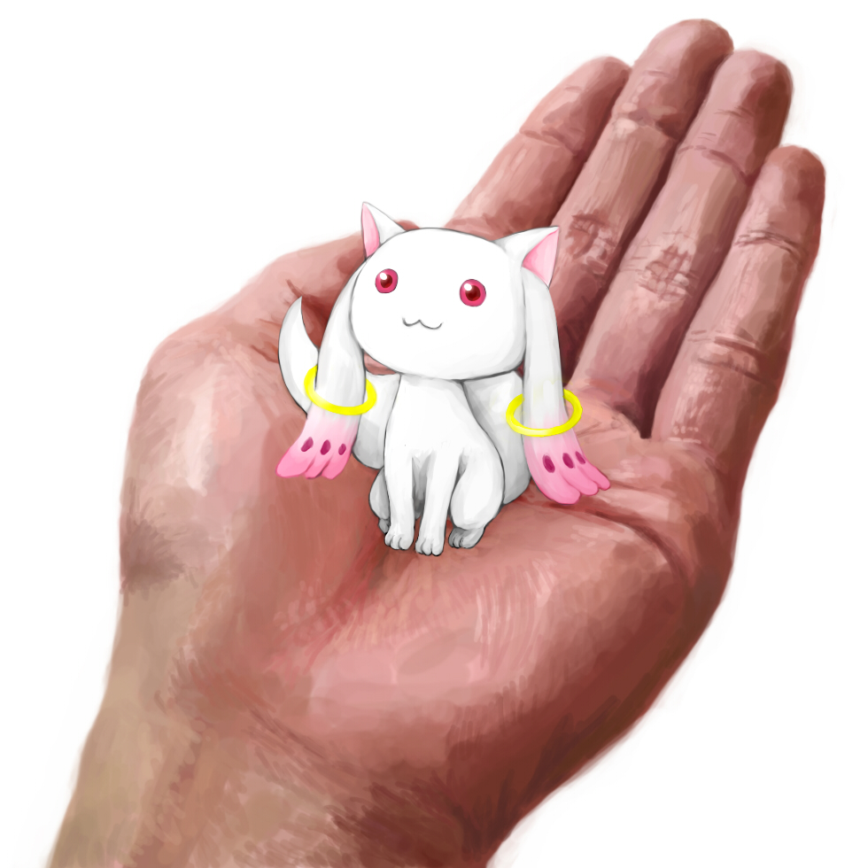 close-up, creature, hands, in_palm, jewelry, kawamoto, kyubey, looking_up, mahou_shoujo_madoka_magica, minimized, red_eyes, ring, simple_background, sitting, solo, white_background