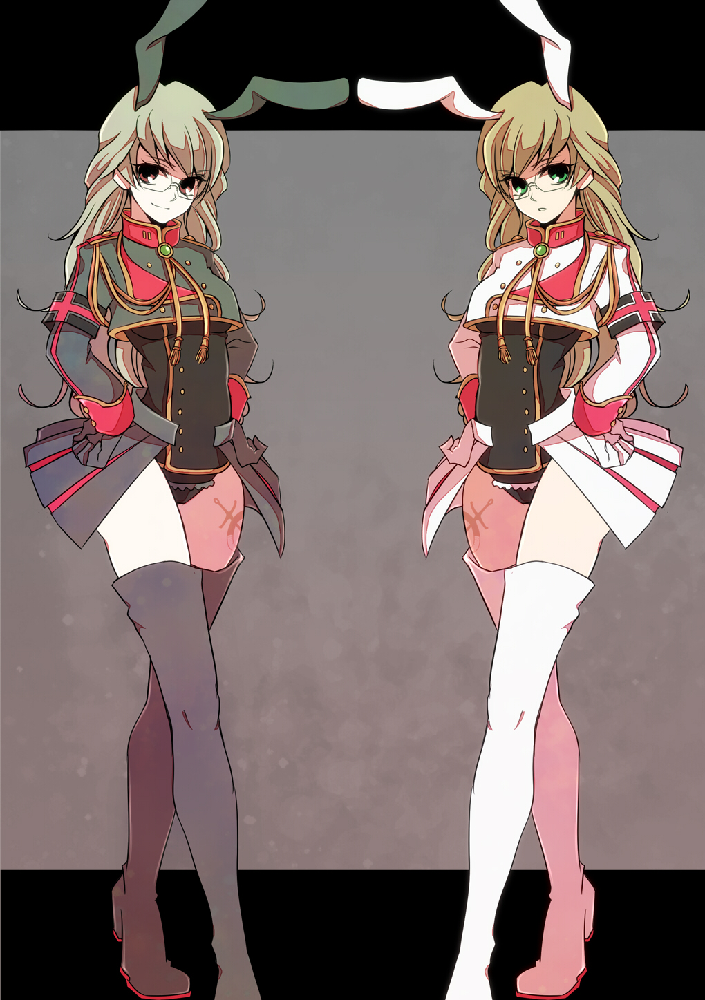 animal_ears, barnaby_brooks_jr, blonde_hair, boots, bunny_ears, dark_persona, dual_persona, genderswap