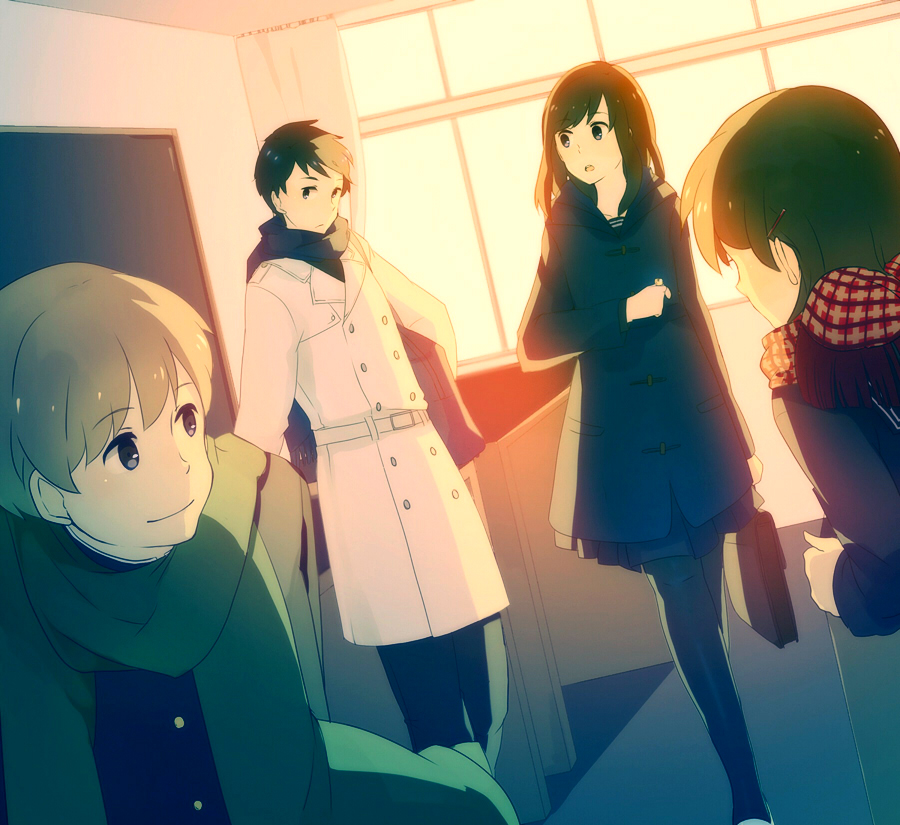 2girls, anko_(w-anco), black_hair, brown_hair, chitanda_eru, coat, fukube_satoshi, hyouka, ibara_mayaka, kotenbu_series, long_hair, multiple_boys, multiple_girls, oreki_houtarou, pantyhose, scarf, school_uniform, short_hair, smile