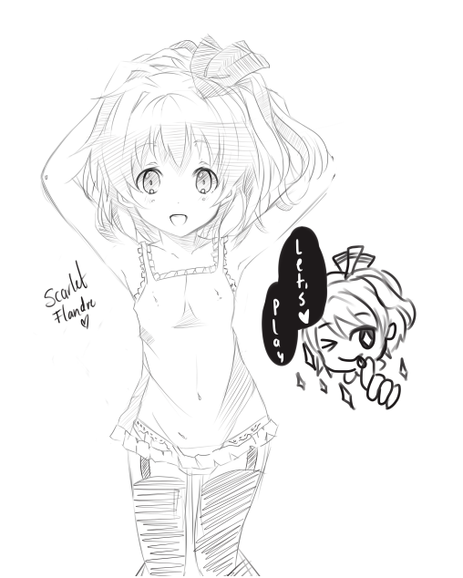1girl, armpits, arms_up, character_name, chemise, chibi, chibi_inset, english