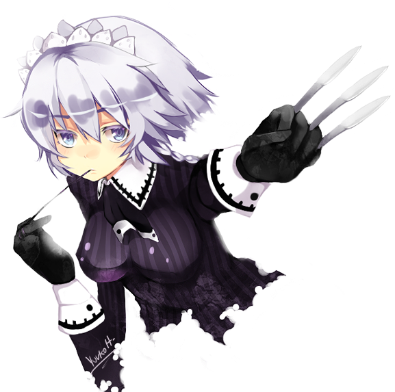 1girl, adapted_costume, blue_eyes, braid, breasts, cuffs, gloves, izayoi_sakuya