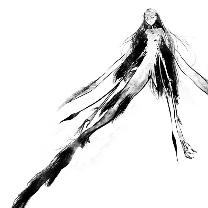 1girl, dan_kim, long_arms, long_hair, monochrome, monster_girl, nude, original