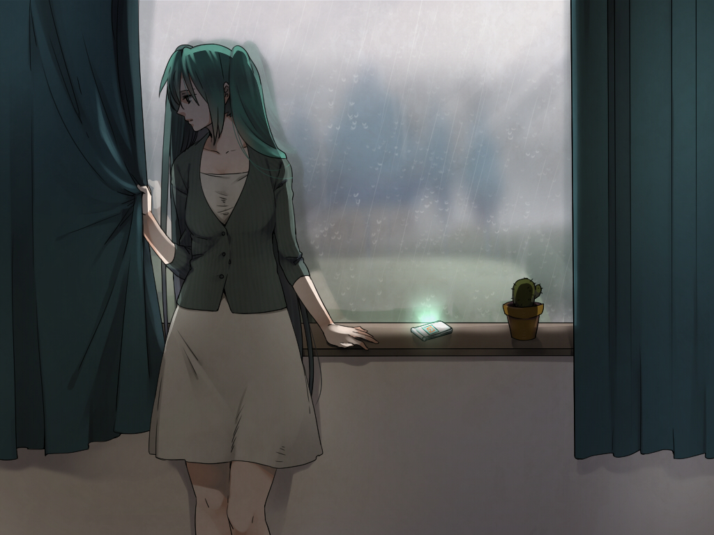 aqua_hair, cactus, cellphone, curtains, hatsune_miku, indoors, long_hair, phone