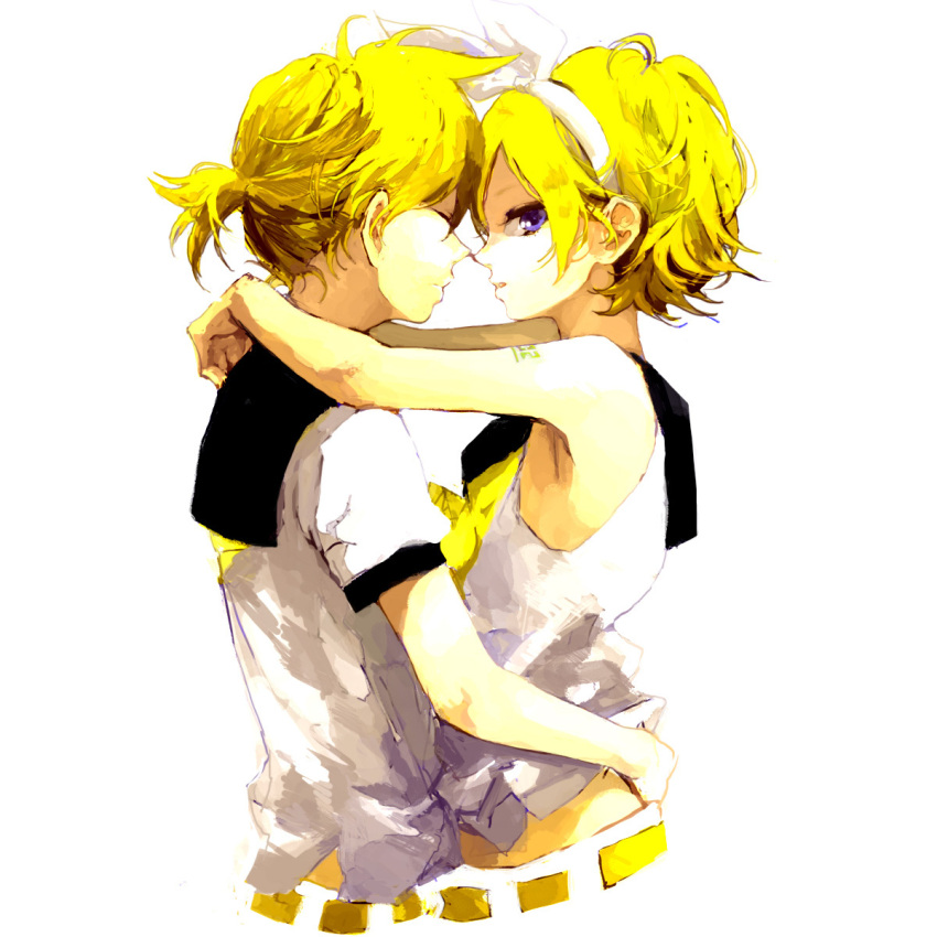 1girl, blonde_hair, blue_eyes, brother_and_sister, hair_ribbon, highres, hug, kagamine_len, kagamine_rin, looking_at_viewer, mitsui, ribbon, short_hair, siblings, simple_background, twins, vocaloid