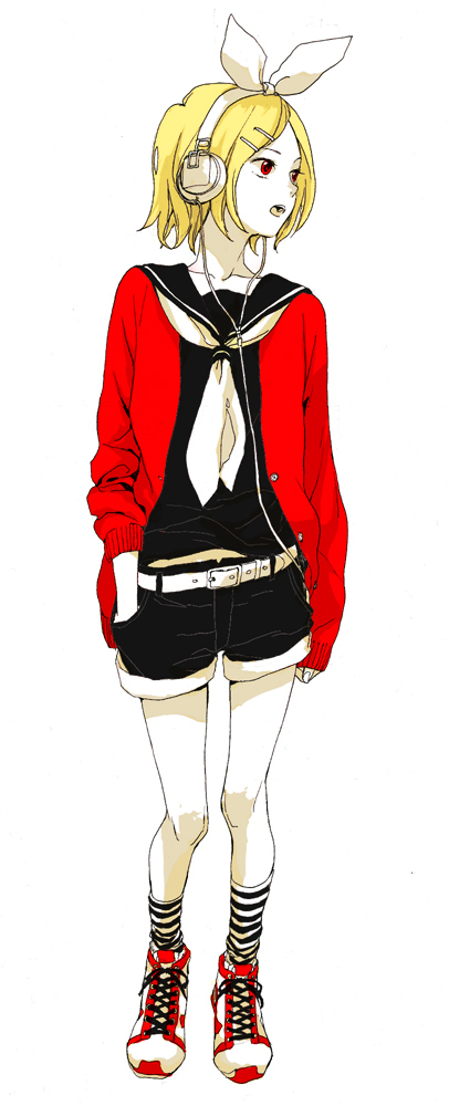blonde_hair, footwear, hair_ornament, hair_ribbon, hairclip, headphones, kagamine_rin, mitsui, red_eyes, ribbon, sailor_collar, shoes, short_hair, shorts, simple_background, socks, solo, striped, striped_legwear, vocaloid