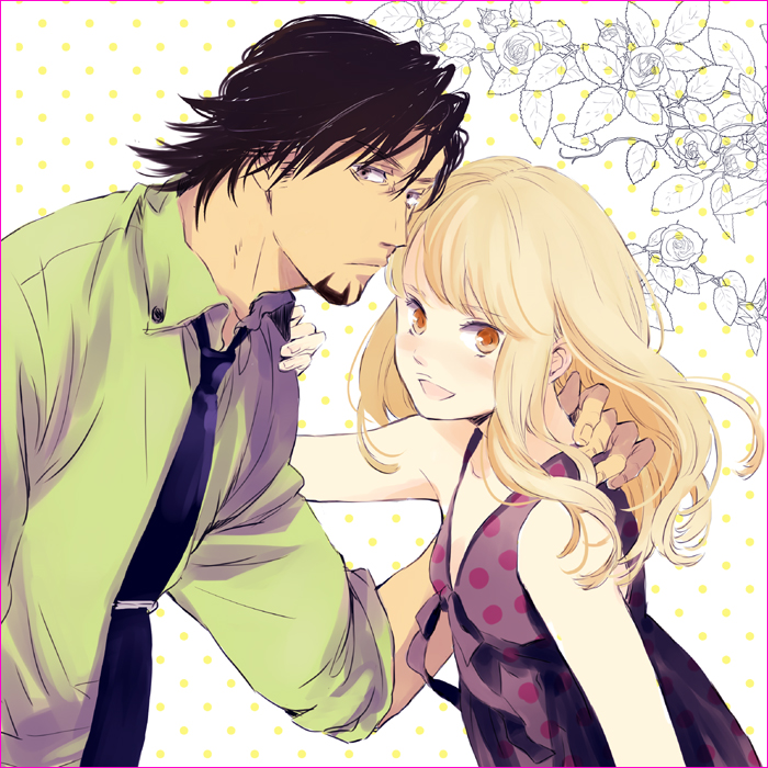 1girl, bare_shoulders, black_hair, blonde_hair, brown_eyes, ciora, dress, facial_hair, kaburagi_t_kotetsu, karina_lyle, looking_at_viewer, necktie, open_mouth, polka_dot, short_hair, stubble, tiger_&amp;_bunny