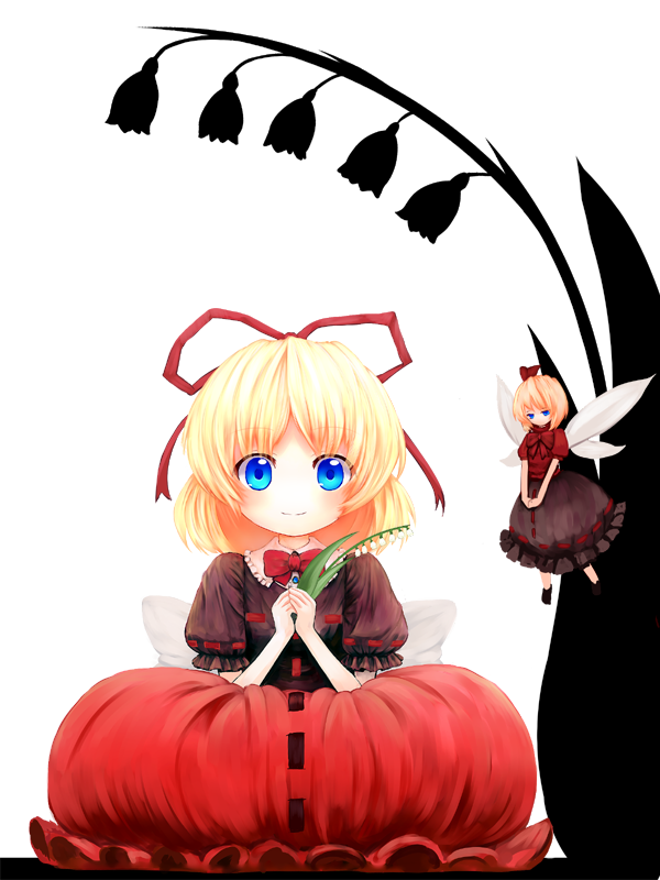 bad_id, blonde_hair, blue_eyes, bow, bubble_skirt, doll, dress, flower