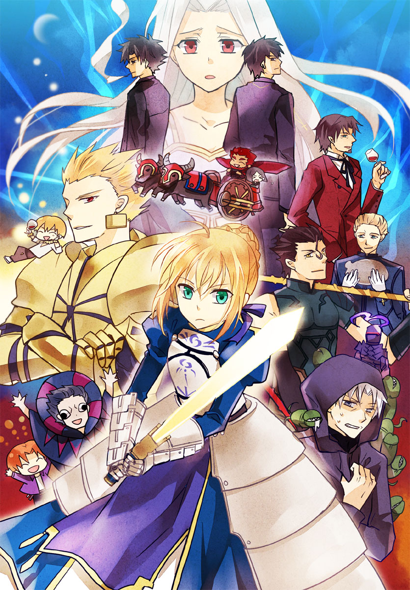bull, caster_(fate/zero), chariot, chibi, crest_worm, emiya_kiritsugu, everyone, excalibur