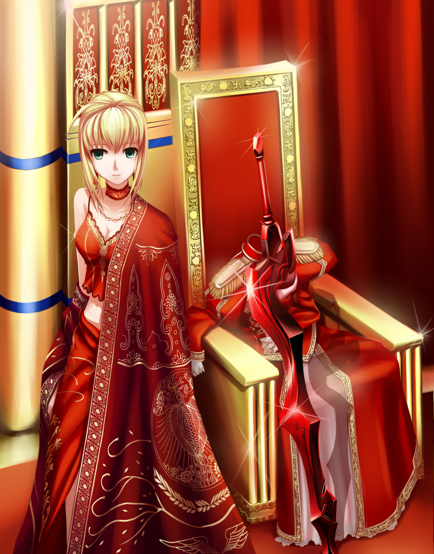 absurdres, aestus_estus, ahoge, alternate_costume, bad_id, blonde_hair, choker, dress