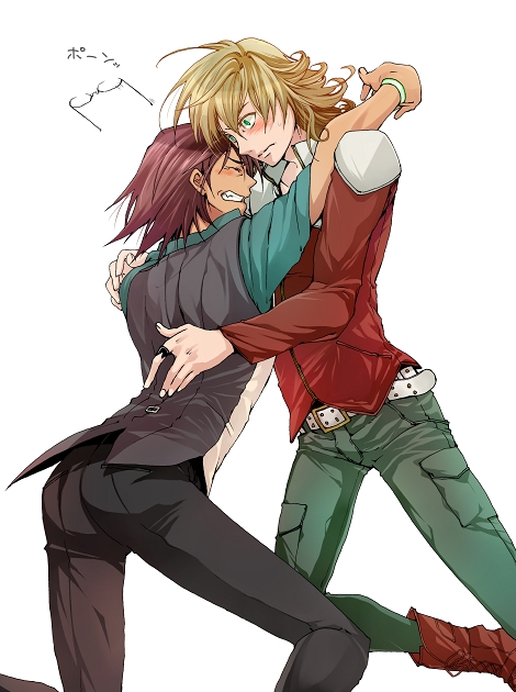 bad_id, barnaby_brooks_jr, belt, blonde_hair, boots, brown_eyes, brown_hair, facial_hair
