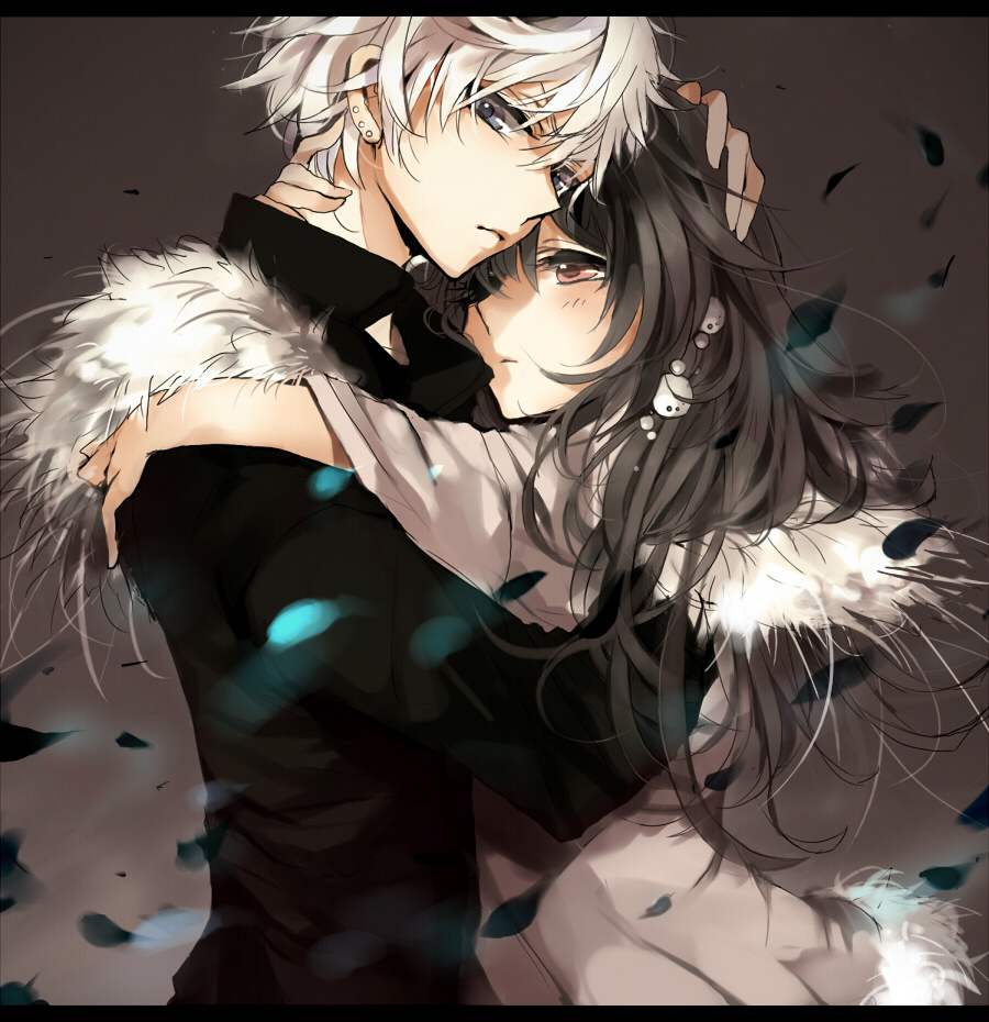 alluka_zoldyck, ayatoki-1, bad_id, black_hair, earrings, fur_collar, fur_trim, hug, hunter_x_hunter, jewelry, killua_zoldyck, long_hair, petals, purple_eyes, siblings, violet_eyes, white_hair