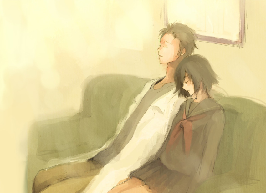 1girl, black_hair, couch, facial_hair, labcoat, nise_(navy), okabe_rintarou, shiina_mayuri