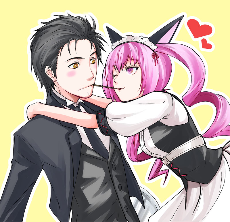 1girl, animal_ears, black_hair, blush, butler, cat_ears, facial_hair, faris_nyannyan, heart, kirisaki_kairi, long_hair, maid_headdress, necktie, okabe_rintarou, pink_eyes, pocky, short_hair, steins;gate, stubble, twintails, waitress, wink, yellow_eyes