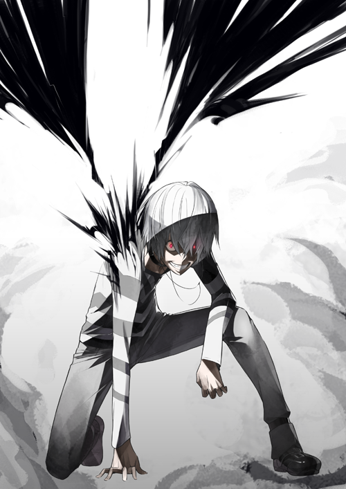 404_(artist), accelerator, albino, black_wings, male, red_eyes, smile, solo, to_aru_majutsu_no_index, white_hair, wings