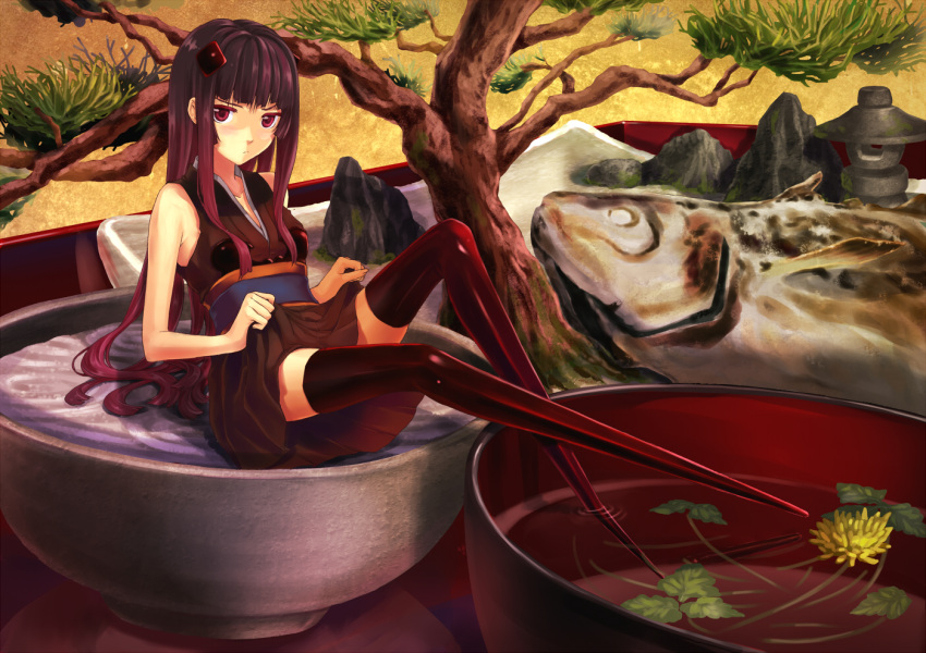 bare_shoulders, black_hair, bowl, chopsticks, food, hime_cut, in_food, japanese_clothes
