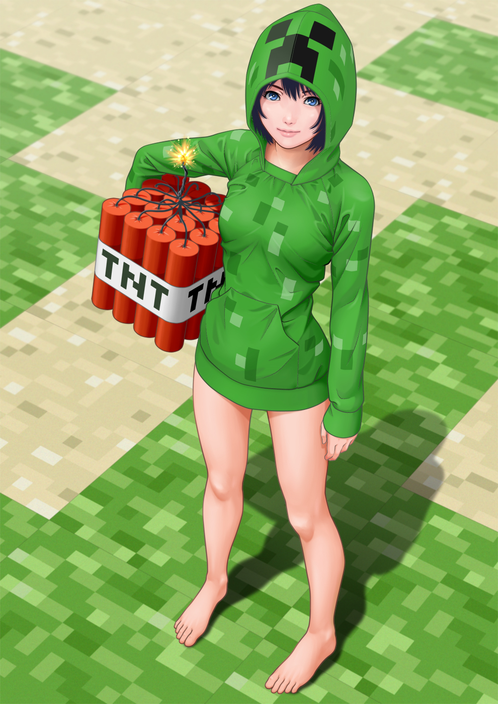 bare_legs, barefoot, black_hair, blue_eyes, creeparka, creeper, face, feet, highres, hood, hooded_jacket, light_smile, lips, looking_at_viewer, magenta_color, minecraft, personification, pixels, shadow, short_hair, solo, standing, tnt