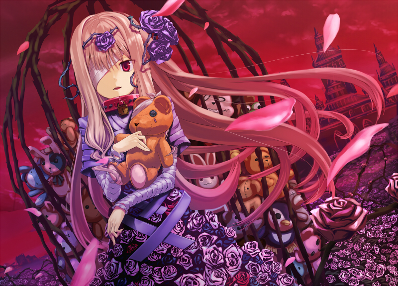 bandage, bandages, cage, collar, dress, flower, ken_(fkenorat), lock, long_hair, original, petals, red_eyes, rose, solo, stuffed_animal, stuffed_toy, teddy_bear, white_hair