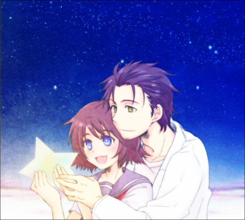 1girl, bad_id, black_hair, blue_eyes, facial_hair, labcoat, mayu_(airmods), okabe_rintarou, school_uniform, serafuku, shiina_mayuri, short_hair, sky, smile, star, star_(sky), starry_sky, steins;gate, stubble, yellow_eyes