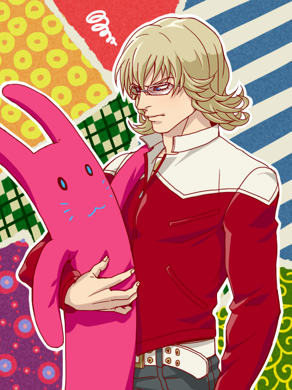 1boy, barnaby_brooks_jr, belt, blonde_hair, blue_eyes, eyelashes, jacket, kagelow, male, pout, red_jacket, solo, studded_belt, stuffed_animal, stuffed_bunny, stuffed_toy, tiger_&amp;_bunny