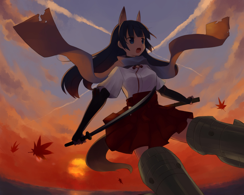 anabuki_tomoko, animal_ears, black_hair, blue_eyes, cloud, fisheye, gauntlets, highres, hime_cut, japanese_clothes, katana, kinosaki_(green_patio), leaf, miko, open_mouth, scarf, sky, solo, strike_witches, striker_unit, sun, sunset, sword, tail, weapon