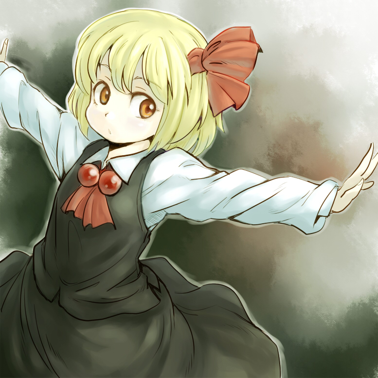 blonde_hair, dress_shirt, hair_ribbon, looking_back, mizuno_(okn66), okn66, orange_eyes, outstretched_arms, ribbon, rumia, shirt, short_hair, skirt, skirt_set, solo, spread_arms, the_embodiment_of_scarlet_devil, touhou, vest, youkai