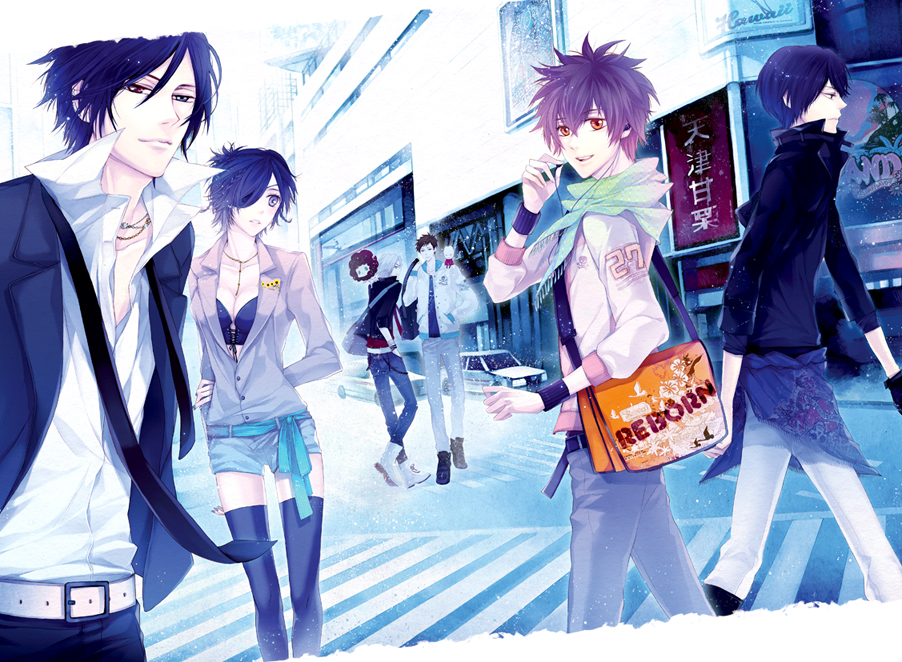 6+boys, afro, alternate_costume, bag, bian, black_hair, blue_eyes, boots