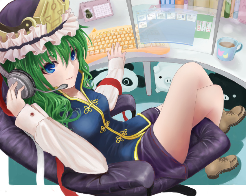 1girl, bare_legs, bare_shoulders, blue_eyes, calendar_(object), chair, coffee, computer, computer_keyboard, contemporary, crossed_legs, desk, green_hair, hat, headphones, keyboard, legs_crossed, office_chair, shikieiki_yamaxanadu, short_hair, sitting, skirt, solitaire, solo, stuffed_toy, touhou, urabe_michiru