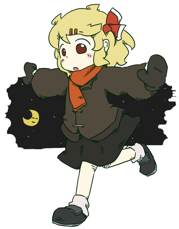 :o, blonde_hair, child, coat, hair_ornament, hairclip, mittens, moon