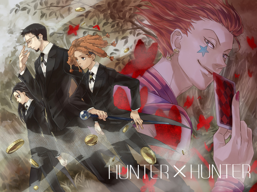 2girls, amane_(hunter_x_hunter), butler, buttler, card, character_request, coin, formal