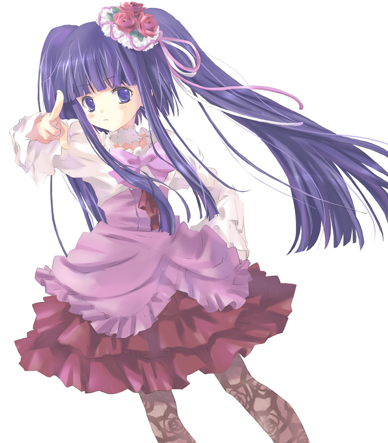 blue_eyes, blush, bow, choker, dress, floral_print, flower, frills, furudo_erika, hair_flower, hair_ornament, hair_ribbon, long_hair, pantyhose, pointing, print_legwear, print_pantyhose, ribbon, rose, simple_background, solo, tonamiko, twintails, umineko_no_naku_koro_ni, very_long_hair