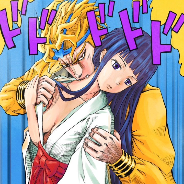 blonde_hair, blue_eyes, crossover, dio_brando, down_blouse, fangs, himegami_aisa, japanese_clothes