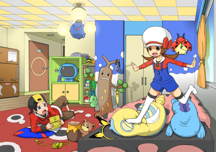 1boy, 1girl, azumarill, backwards_hat, bag, baseball_cap, bed, bedroom