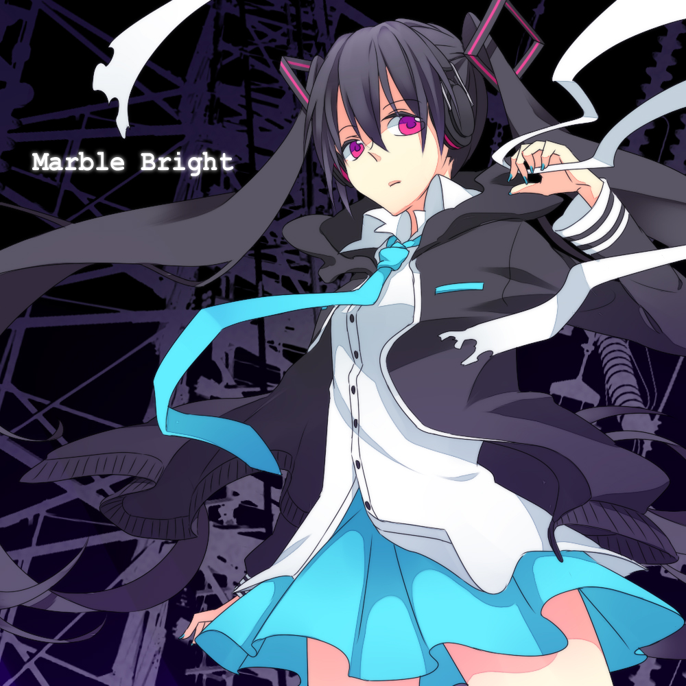 black_hair, hatsune_miku, headphones, long_hair, marble_bright_(vocaloid), mozukugumi, necktie, pink_eyes