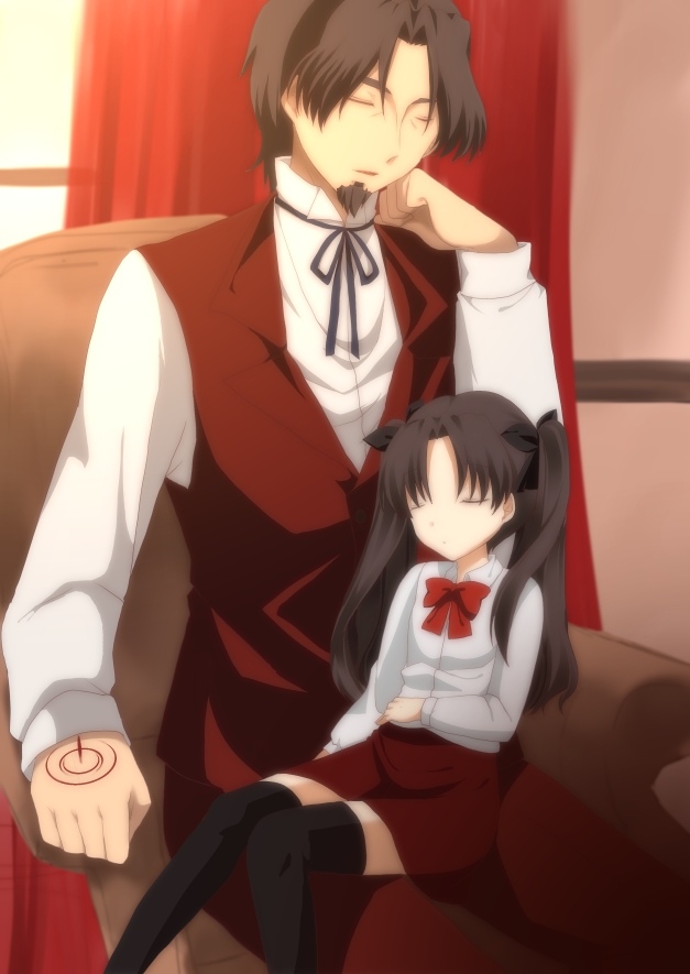 1boy, 1girl, age_difference, black_legwear, brown_hair, command_spell, couch, facial_hair