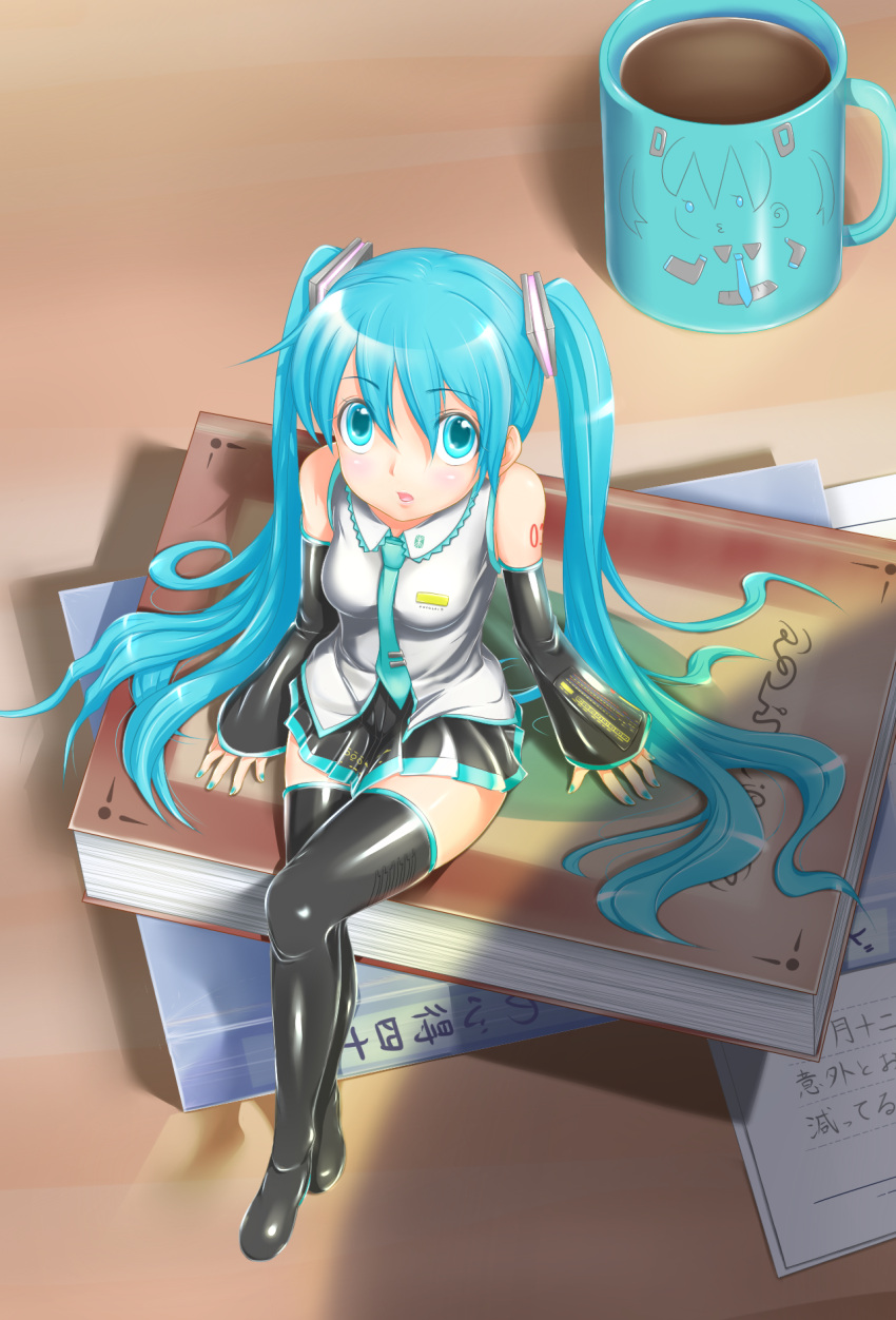 aqua_eyes, aqua_hair, book, boots, cup, detached_sleeves, hatsune_miku, highres