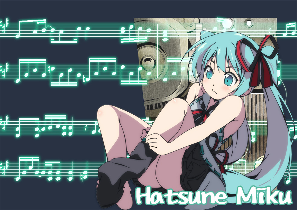 adjusting_thighhigh, aqua_eyes, aqua_hair, hair_ribbon, hatsune_miku, leizero, long_hair, multicolored_eyes