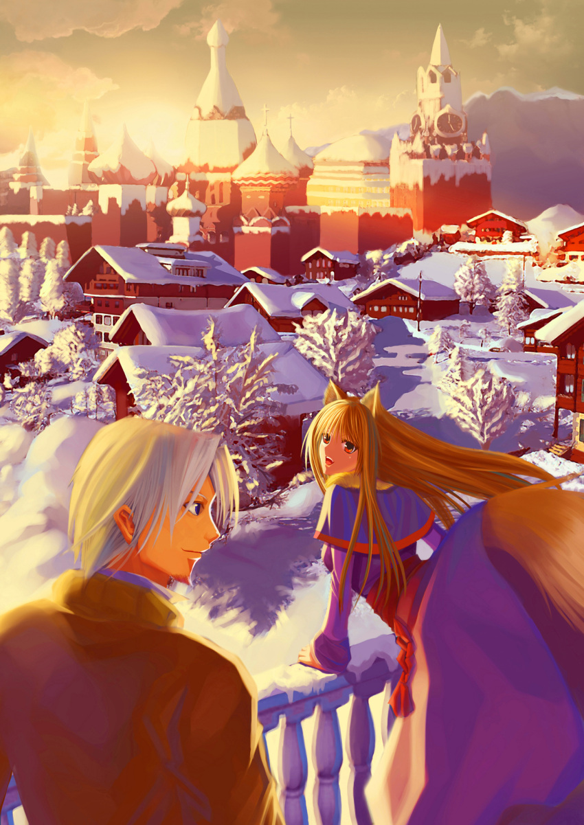1boy, 1girl, capelet, craft_lawrence, cross, dress, highres, holo, paku, red_eyes, russia, snow, spice_and_wolf, st_basil's_cathedral, tail, winter, wolf_ears, wolf_tail