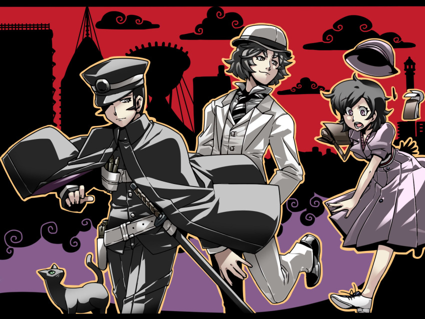 2boys, animal_ears, asakura_tae, bag, black_cat, black_cat_(animal), black_hair, cat