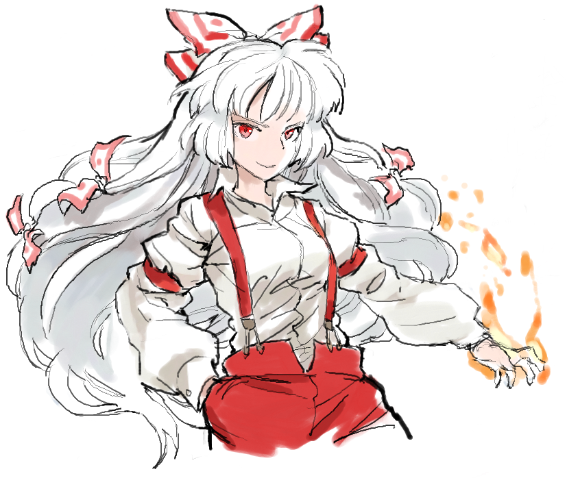 >:), bow, burning_hand, burning_hands, dress_shirt, face, fire, floating_hair, fujiwara_no_mokou, hair_bow, hand_in_pocket, hime_cut, long_hair, matsuda_(matsukichi), oekaki, shirt, simple_background, solo, suspenders, touhou, white_hair