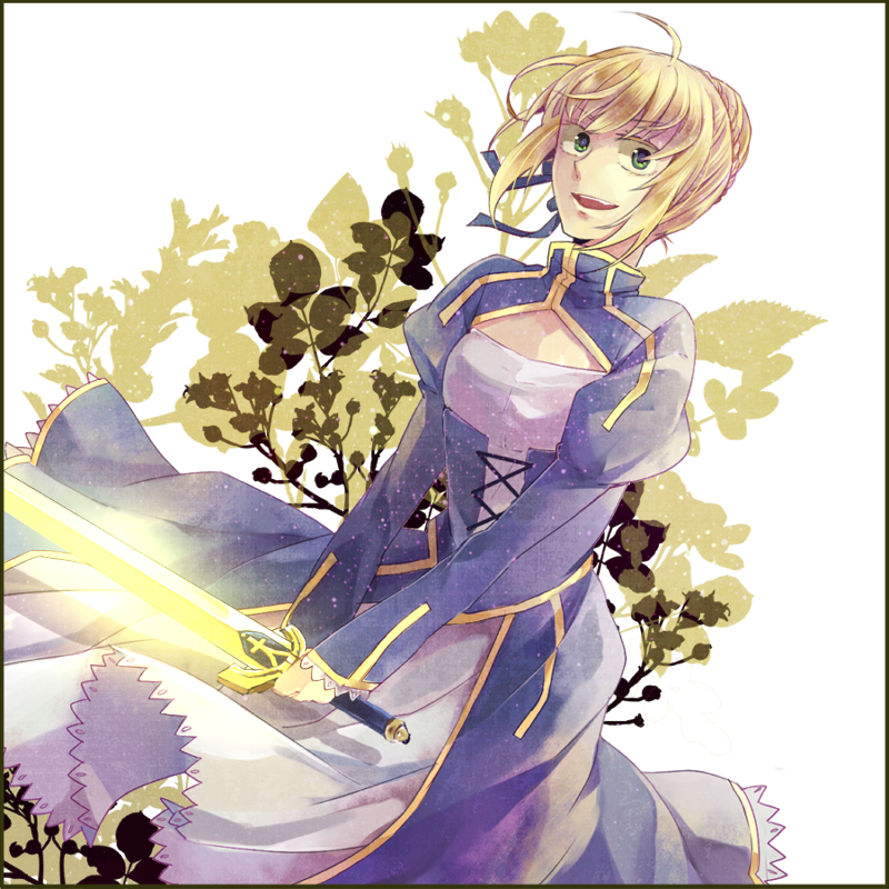 bad_id, blonde_hair, dress, excalibur, fate/stay_night, fate_(series), fujichika, glowing, glowing_weapon, green_eyes, hair_ribbon, kuin4141, ribbon, saber, solo, sword, weapon