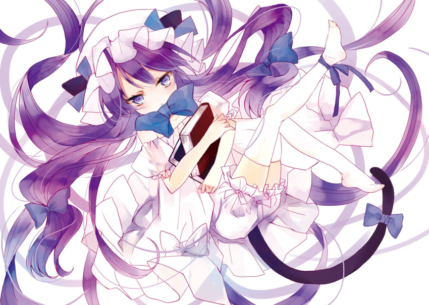 animal_ears, ankle_ribbon, bare_shoulders, bloomers, book, bow, cat_ears, cat_tail